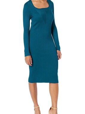 Taylor NWT Teal Ribbed V‑Neck Long‑Sleeve Midi Dress